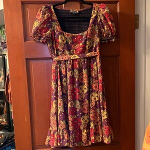 Sourpuss Colorful Patterned Halloween Pumpkin Dress with Puff Sleeves